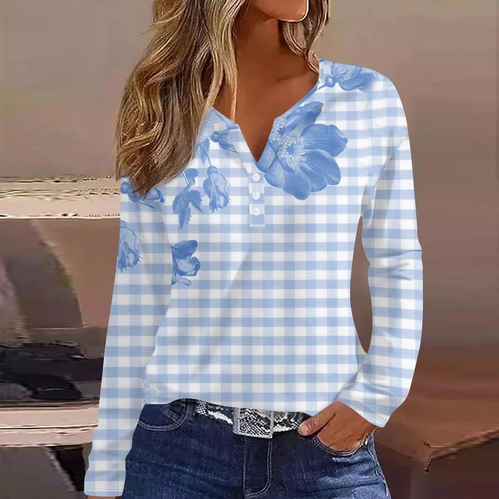 Женская модная повседневная футболка с v-образным вырезом и длинным рукавом с принтом, топ на пуговицах