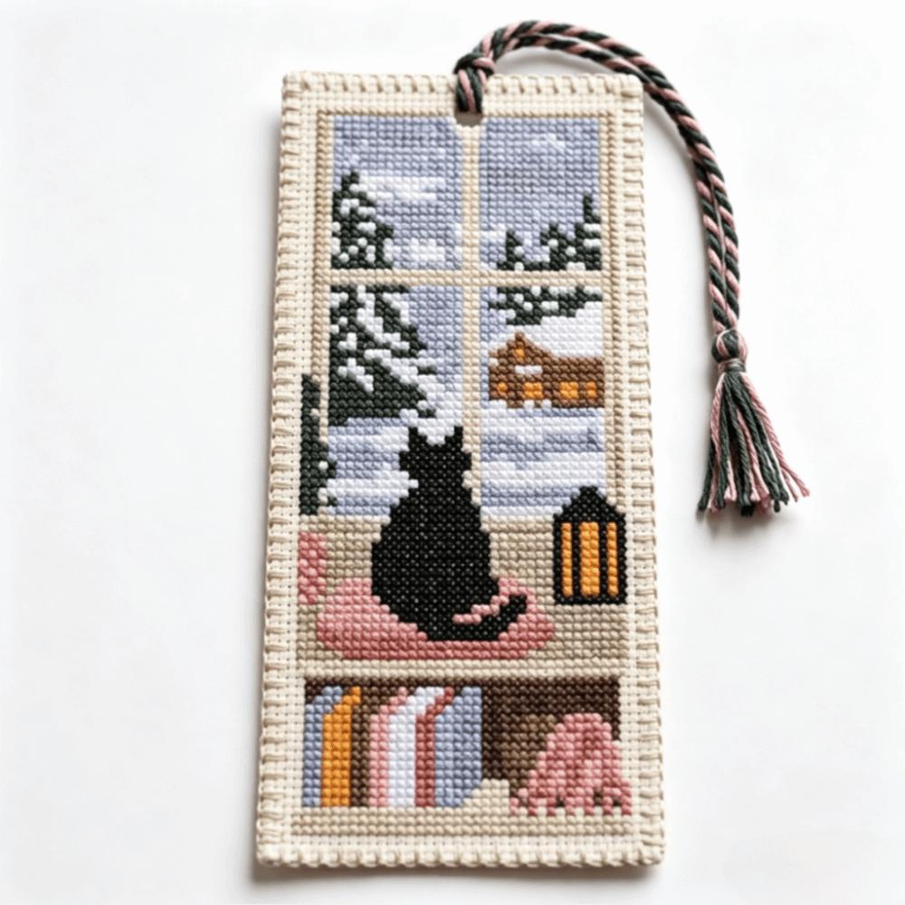 Handcrafted Seasonal Cat Embroidery Bookmark Book Page Marker Material Kit Beginners
