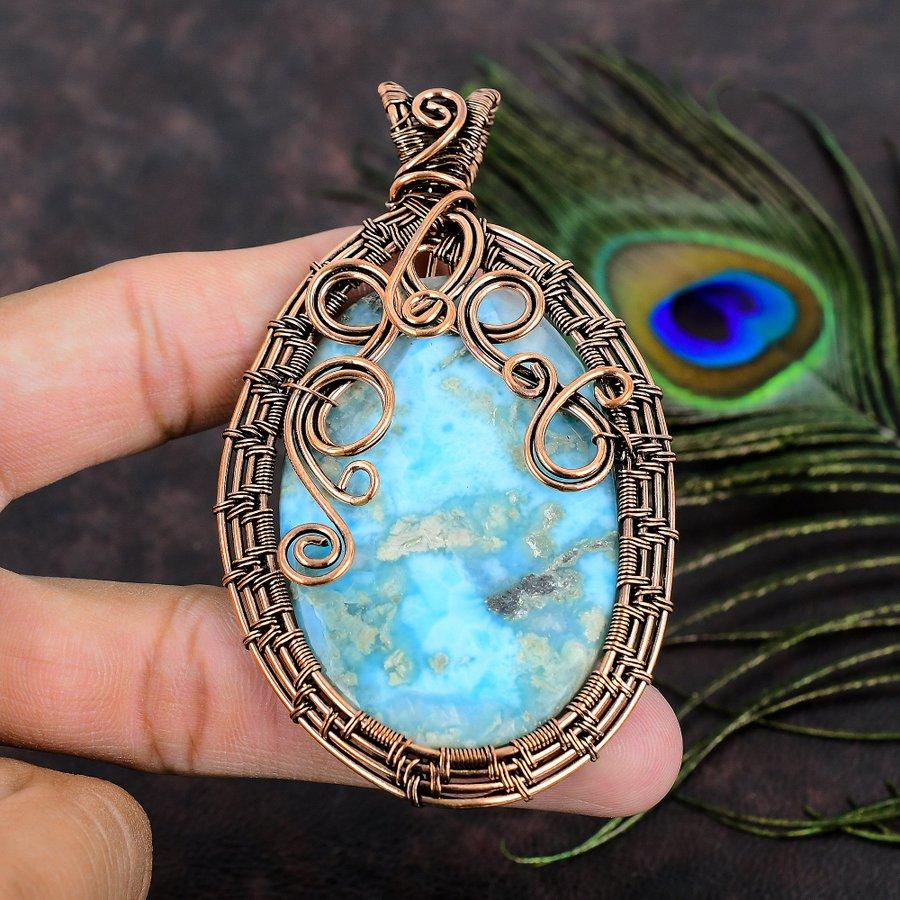 Подарочный кулон в обертке из медной проволоки с натуральным карибским драгоценным камнем Ларимар 3,62 c5a72