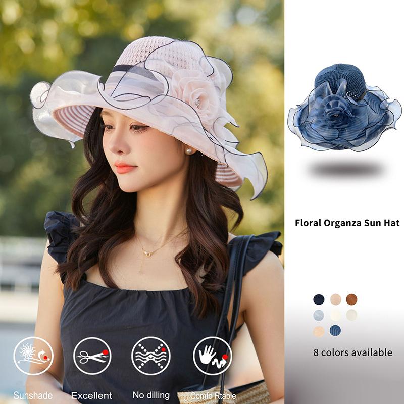 Elegant Summer Women'S Sun Hat Breathable Organdy Material Foldable Design Top Flower Organza Wide Brim Ruffled Beach Hat