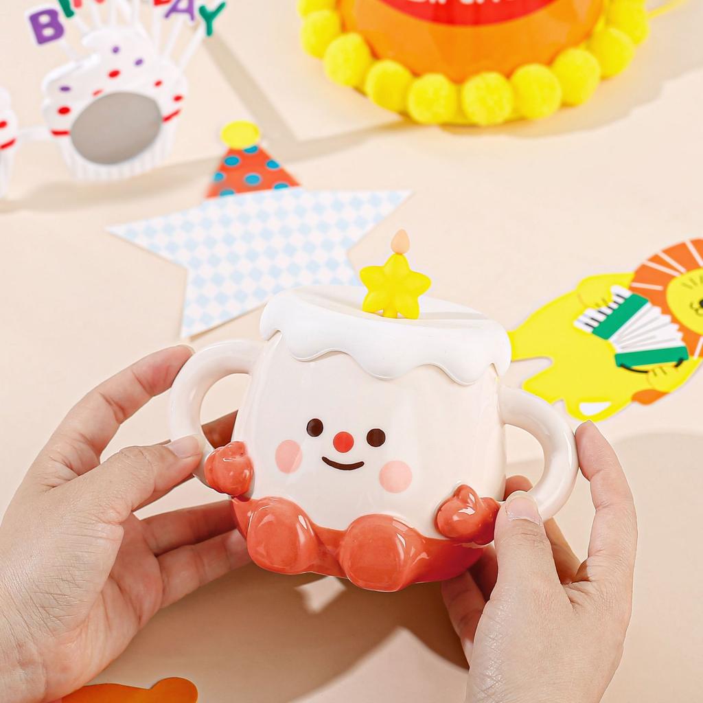 Cute Cake Cup with Lid Cartoon Smiling Face Mug Large Capacity High Temperature Resistant Household Set Water Cup Small Gift