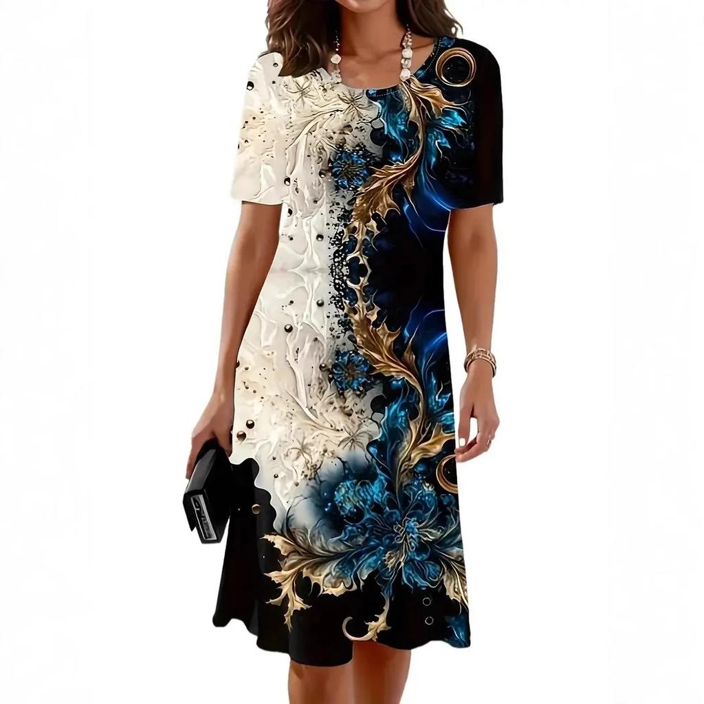 Ladies Round Neck Short Sleeve Print Dress Elegant Dress Summer New Style Fashionable Women's Dress
