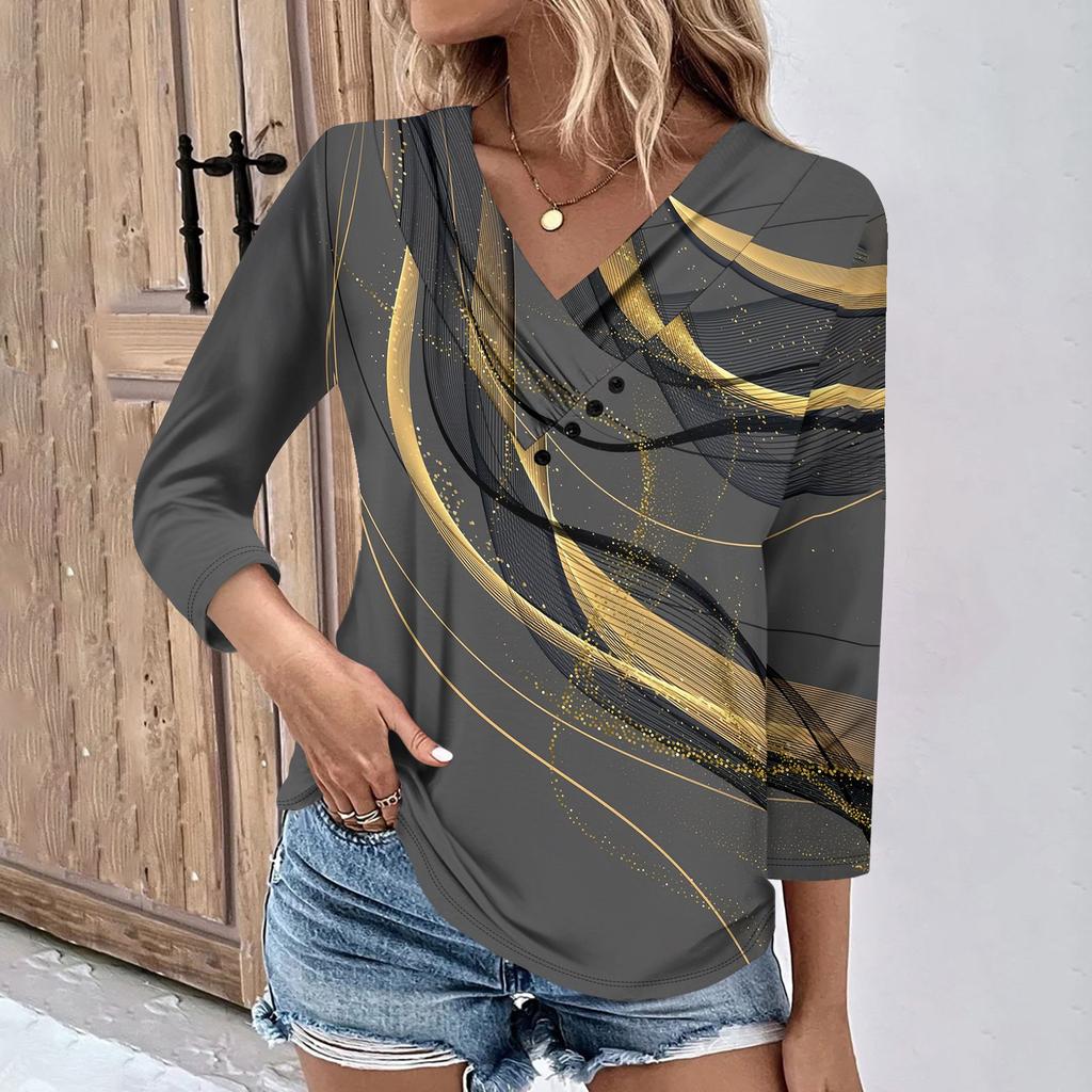 Женские повседневные футболки с рукавом 3/4 для выходных с V-образным вырезом и принтом, свободные плиссированные футболки, женская блузка