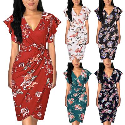 Женское платье с цветочным принтом, сексуальное V-образное декольте, рукава с оборками, имитация запаха, присборенное платье-бодикон