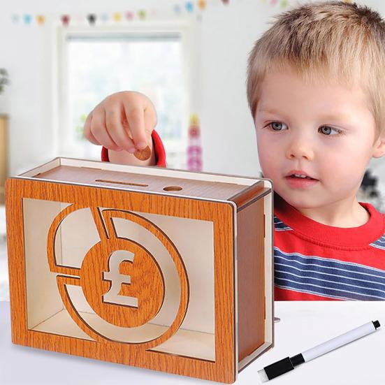 Деревянная копилка со счетчиком-маркером, большая емкость, фунты стерлингов в долларах США, копилка, контейнер для монет, контейнер для наличных денег, банка для экономии денег для детей и взрослых