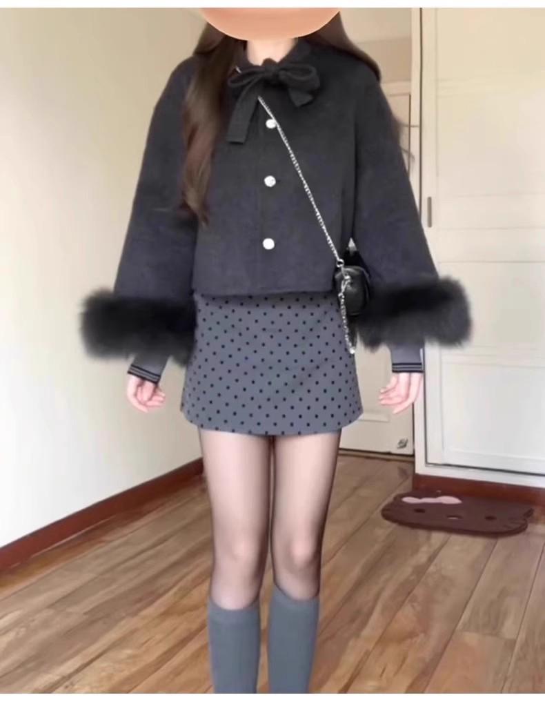Slightly Chubby Girls' Polka Dot Woolen Half-Length Skirt - 2025 Spring/Autumn Korean Style, Elegant Fit, Retro Hip-Hugging Design