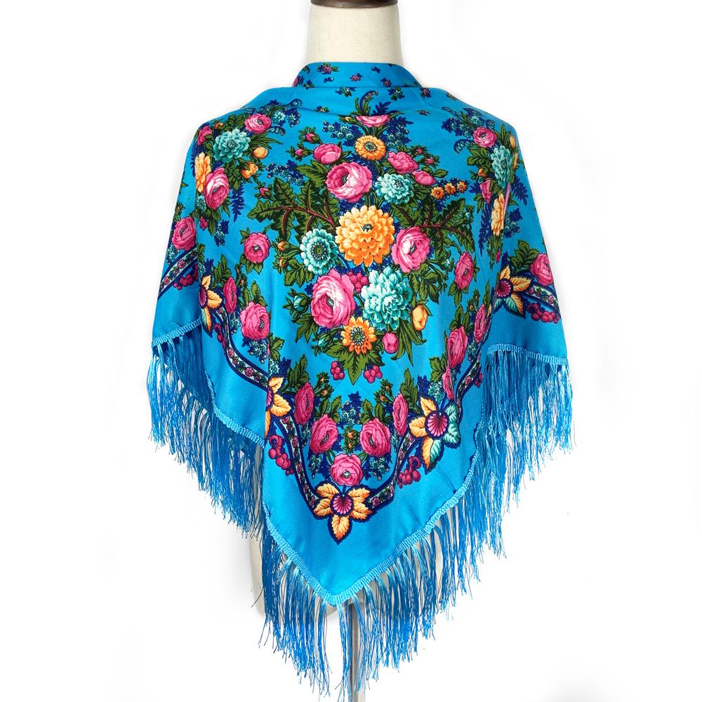 Women Retro Ukrainian Fringed Shawl Babushka Bandana Handkerchief Female Head Wraps Russian Floral Print Square Scarf
