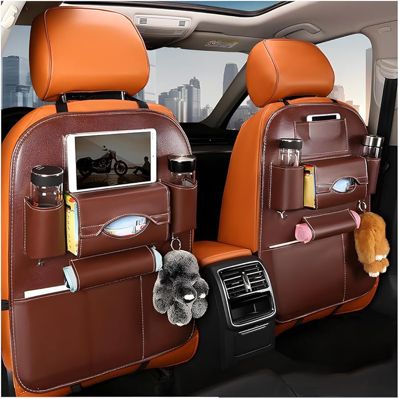 2 PCS Car Seat Back Organizer, Premium Leather Seat Back Protector with Storage Pockets, Waterproof Hanging Vehicle Storage, Universal Car Organizer