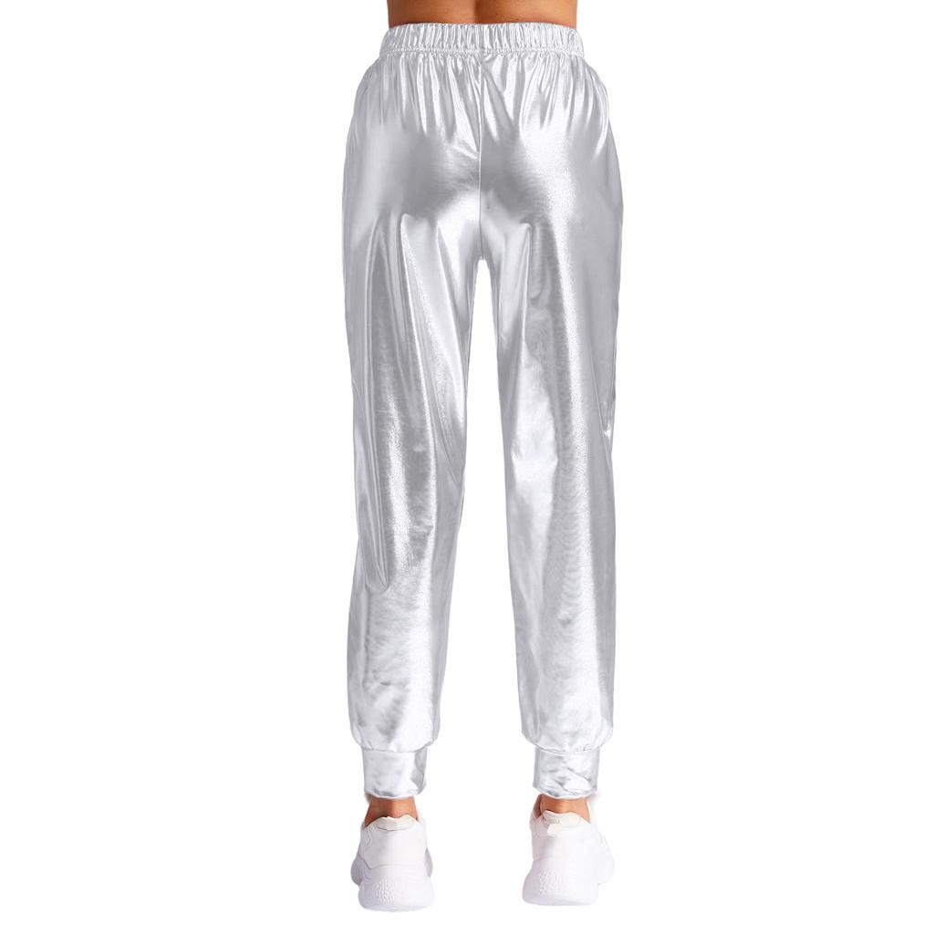 Женские металлизированные танцевальные брюки с высокой талией, эластичный пояс, свободный крой, спортивные брюки, блестящие, современные брюки
