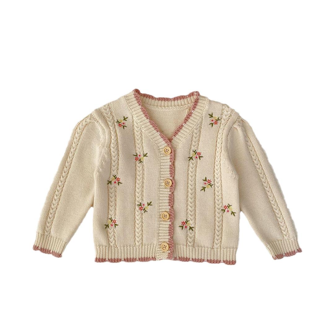 2025 Fall Versatile Baby Girl Embroidered Floral Cotton Knit Cardigan