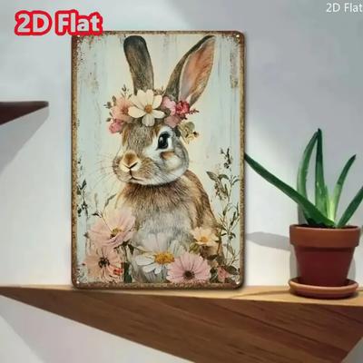Металлическая табличка BUNNYBLOSSOM Винтажный кролик с цветочным венком - Ржавый железный настенный декор для дома