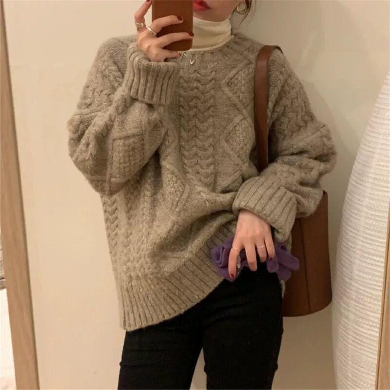 Осень и весна Новый ретро-свитшот-пуловер, свитер, женская свободная утолщенная трикотажная верхняя одежда, топы с длинным рукавом, повседневная простая одежда больших размеров 2123