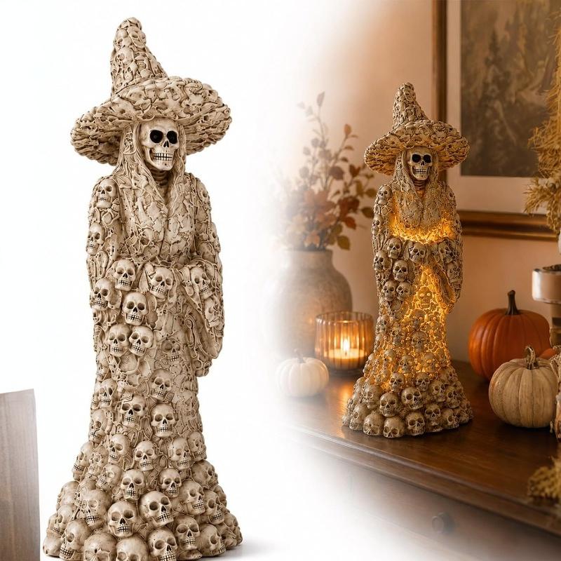 Warm Light Skeleton Witch Ornament Lantern USB Powered Glowing Skull Statue Haunted House Decor Cozy Gothic Room Decor For Halloween Mantel Display