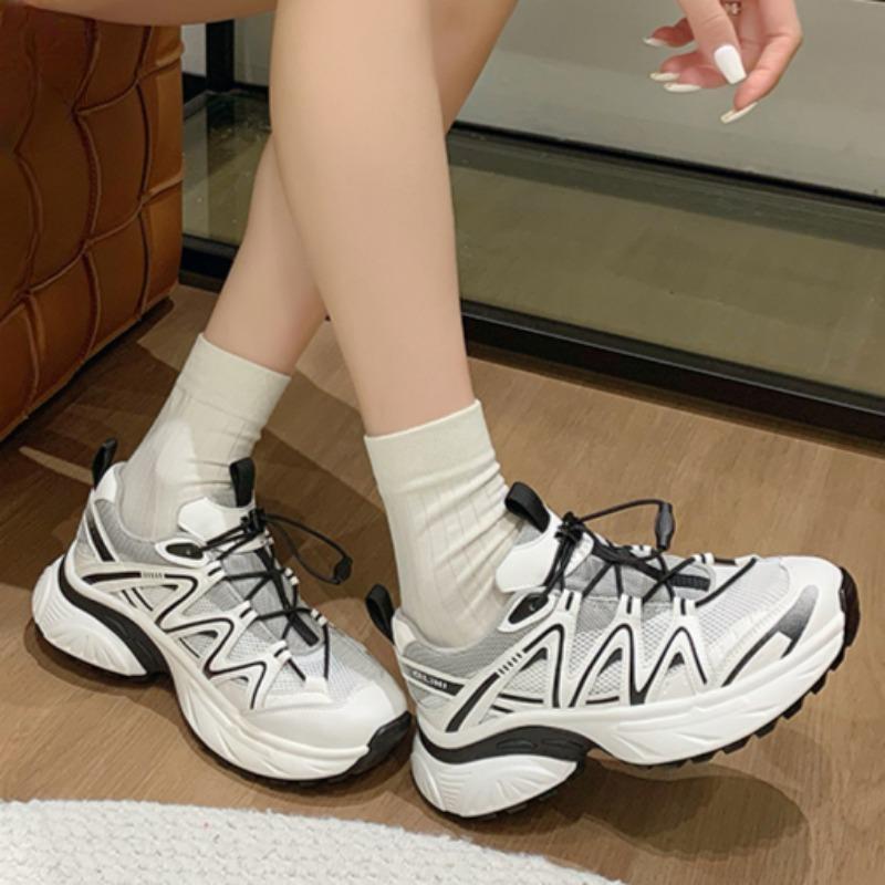 2024 Осень Женская Толстая Подошва Шнуровка Сетка Воздухопроницаемая Модная Повседневная Низкая Нескользящая Спортивная Обувь
