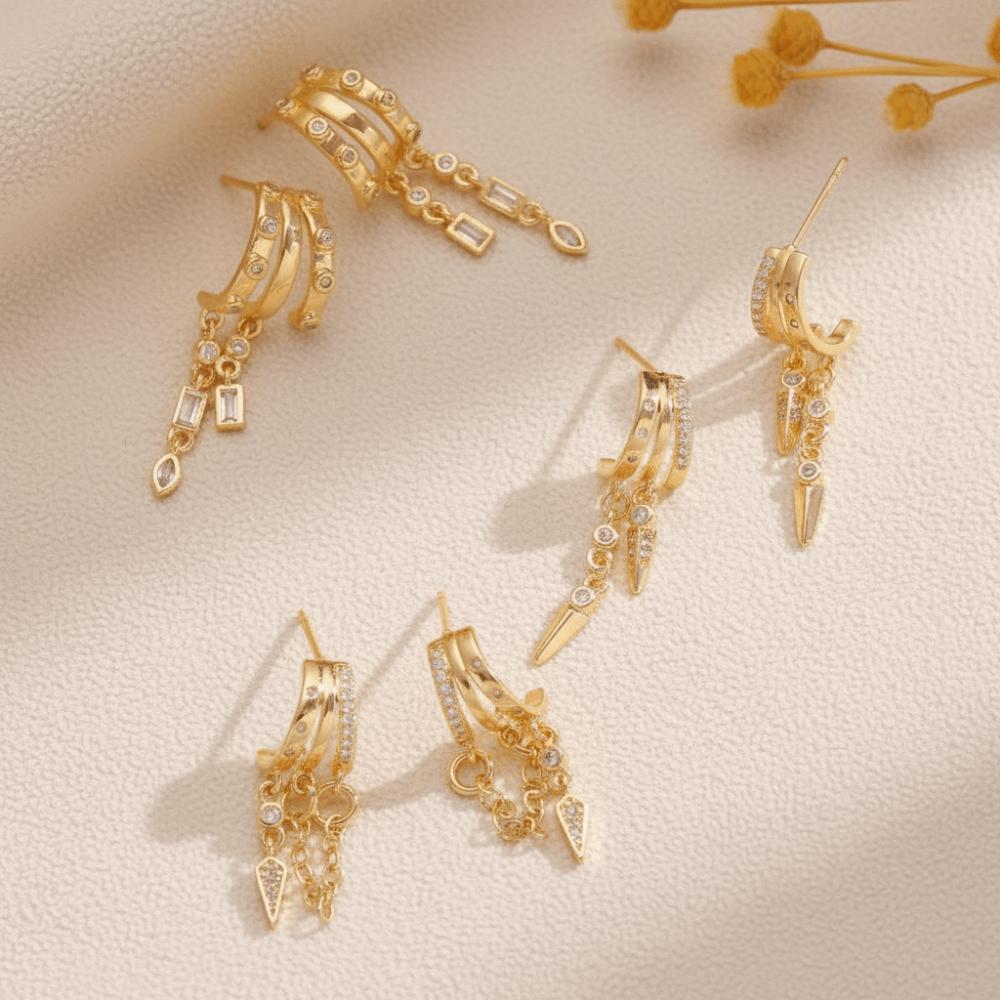 Sparkling CZ Triple Stud Earrings Hypoallergenic Stainless Steel Statement Chain Earring Micro-inlay Zircon Dainty Drop Earrings