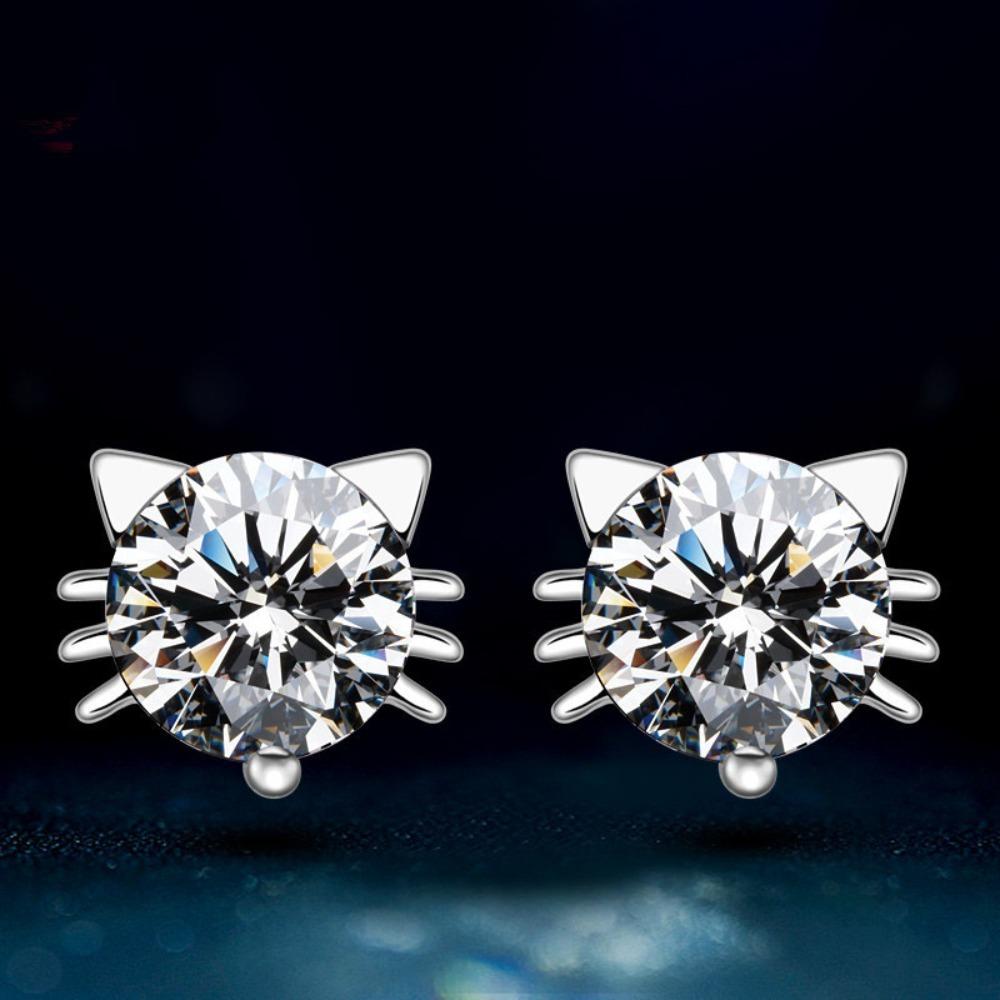 Elegant Cat Elf Stud Earrings Silver Plated White Copper Zircon Earrings for Women Trendy Accessories Gift