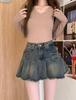 Женские винтажные джинсовые юбки трапециевидной формы Y2k, уличная одежда с высокой талией для девочек, потертая юбка 90-х годов, плиссированные мини-юбки в стиле ретро, ​​модный дизайн