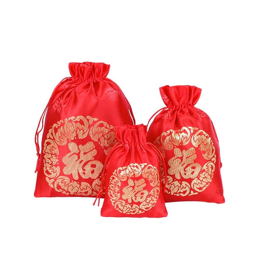 Китайский шелковый мешочек Фу, новогодние счастливые мешочки, ювелирные изделия, мешочек на шнурке, подарочные пакеты для печенья и конфет, упаковка для подарков на свадьбу, рождественскую вечеринку