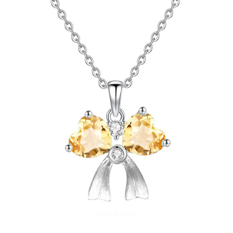 S925 Sterling Silver Bowknot Pendant Necklace with Natural Crystal Love Heart Design Romantic Jewelry Gift for Women Anniversary