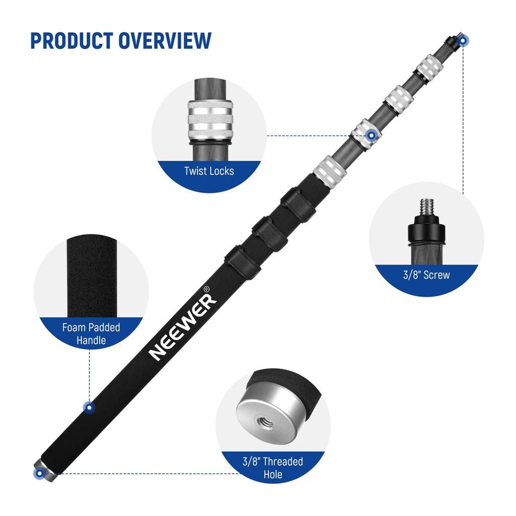 NEEWER Upgraded Microphone Boom Telescopic Carbon Fiber Microphone Boom Arm with 5 and Screw Cable Shoulder and Storage Bag Pole, 9.8ft/300cm