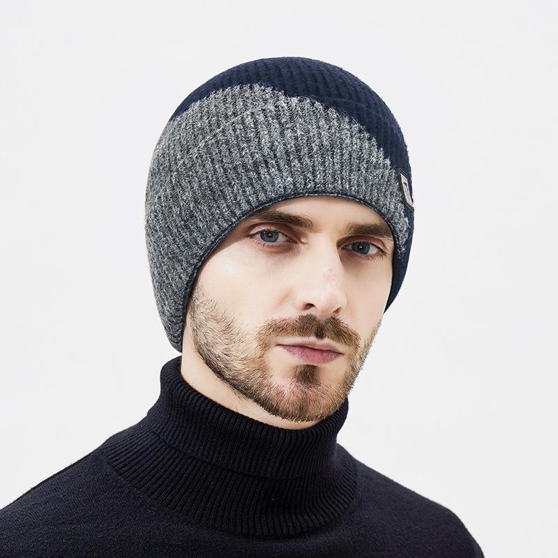 Winter Color Matching Wool Warm Thick Knitted Hat Men's Outdoor Riding Cold-Proof Ear Protection Wool Hat Two-Piece Set