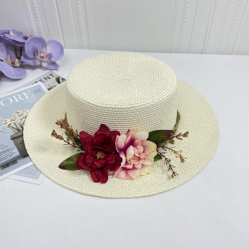 Small fresh red flower flat top straw hat women's summer vacation shading wide edge fashion versatile top hat