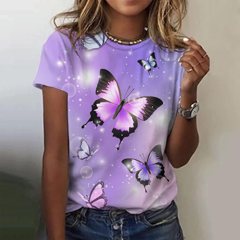 New O-neck 3d Butterfly Print T-shirt Women's Summer Fashion Short-sleeved Blouse Oversized Summer Clothing