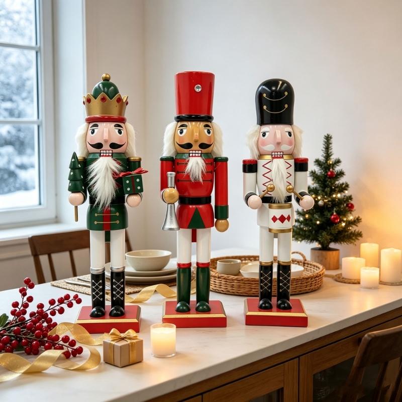 Christmas Nutcrackers Decoration in Solid Wood with a Square Base for Entryway, Mantel, Shelf, or Desk Display