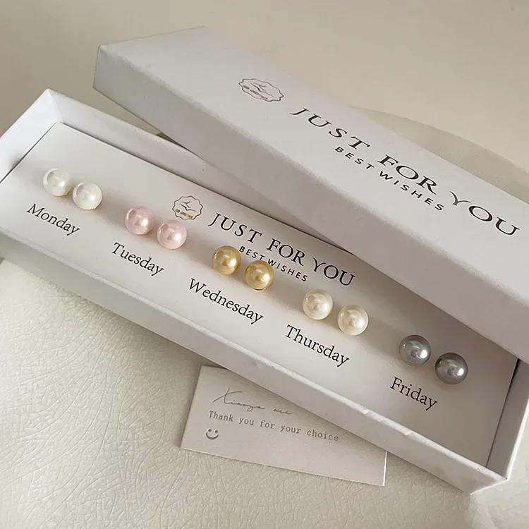 5 Pairs Women Imitation Pearl Stud Earrings White Pink Champagne Beige Grey Round Simple Office Jewelry