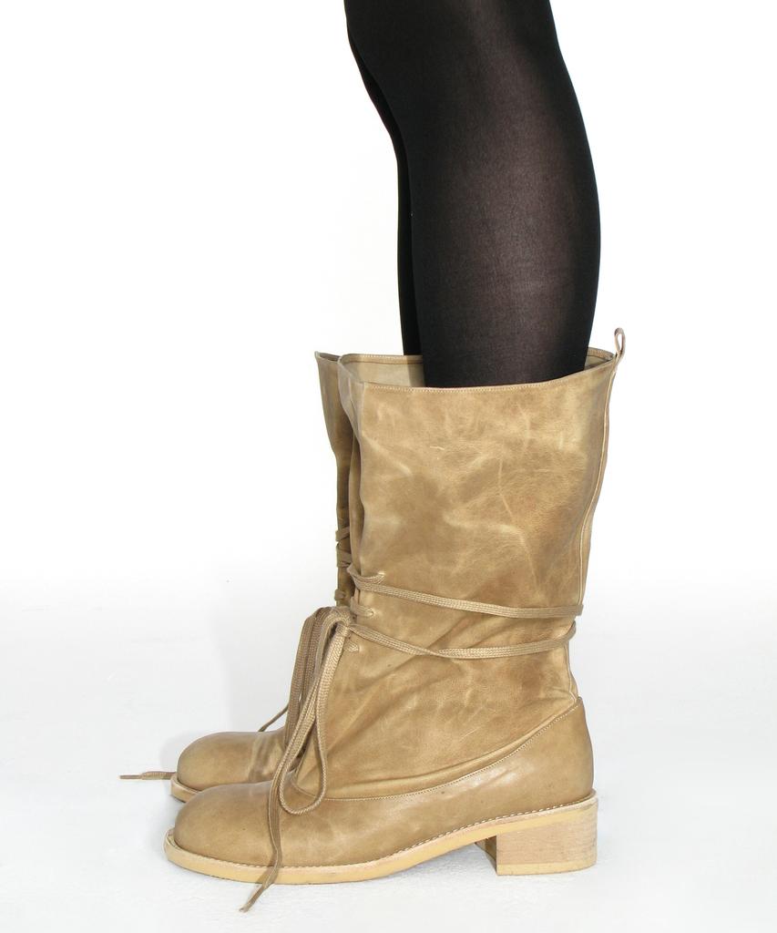 Partimento Women Rough Lace-Up Slouch Boots_Beige