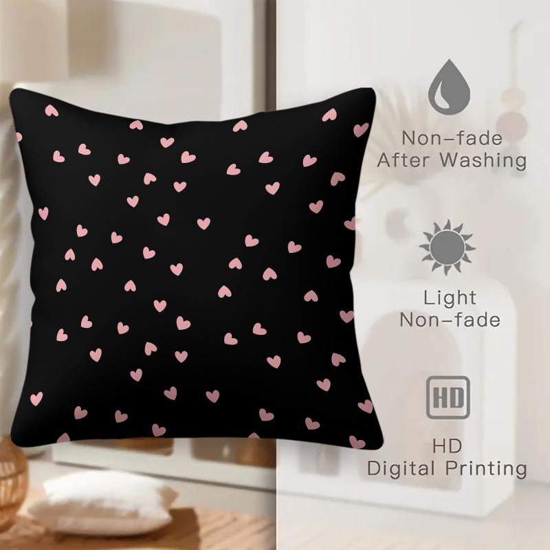 18.18" Black Pink Heart Print Throw Pillow, Cushion Accent Pillow, Includes Pillow Core, Cute Love Heart Decor For Sofa Bedroom