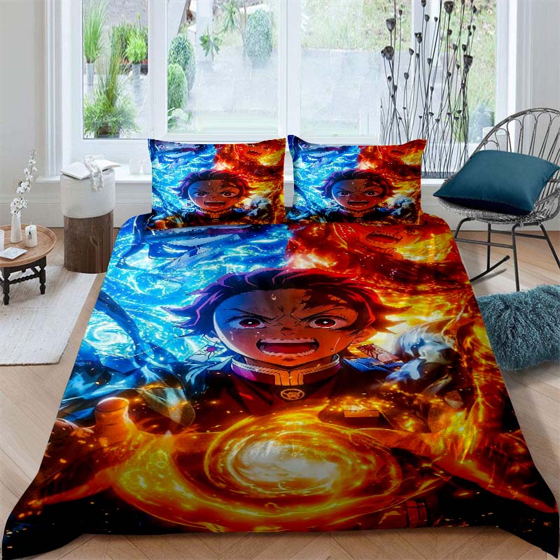 This Three-piece Anime Print (Kimetsu No Yaiba) Bedding Set—including A Duvet Cover and Two Pillowcases—is The Perfect Holiday
