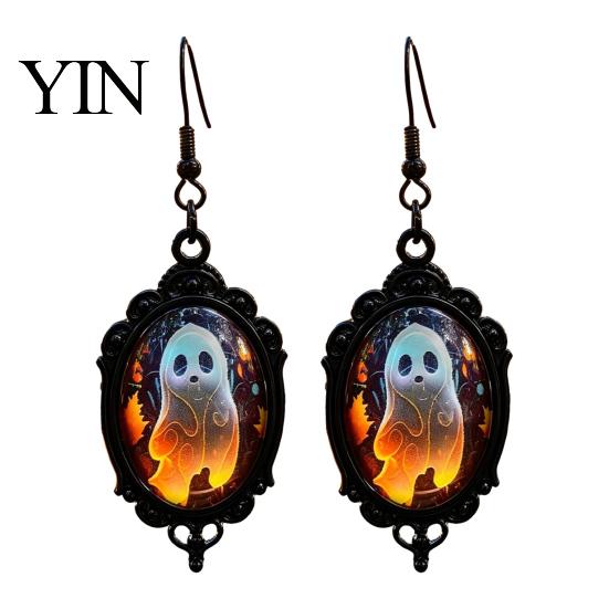 Handmade Crystal Glue Earrings Gothic Ghost Earrings, Vintage Style Matte Black Alloy Dangle Decorative Commemorative Jewelry Halloween for