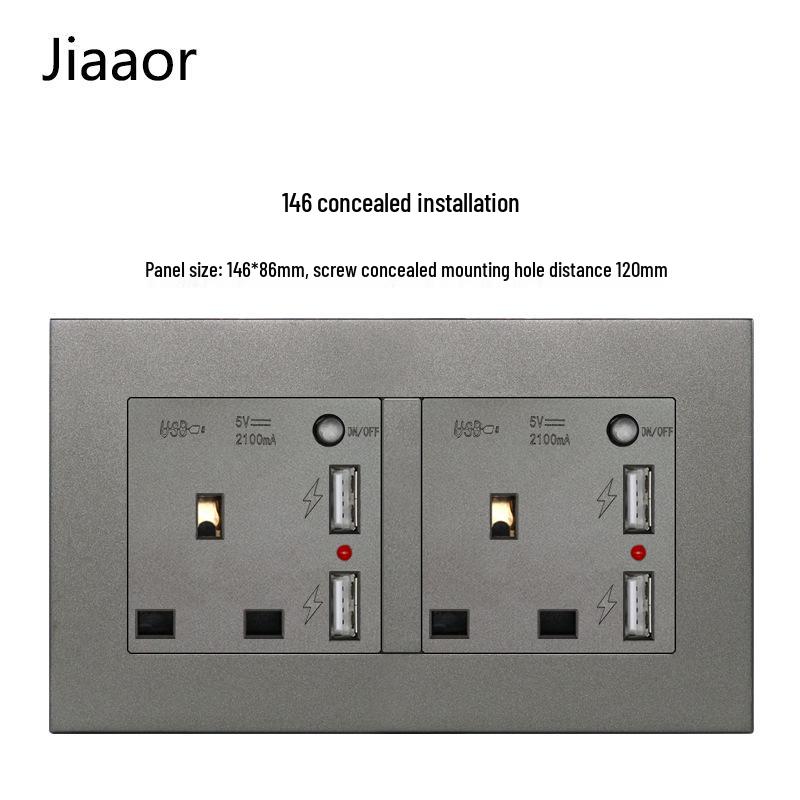 Серый британский стандарт двойная розетка с выключателем с USB и Type C - совместимая с Гонконгом/Макао, скрытого типа 86