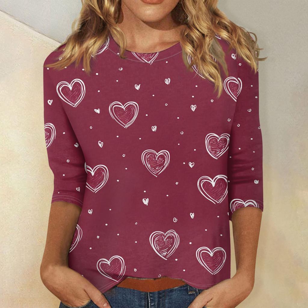 Женские топы с рукавом три четверти и круглым вырезом, свободная футболка с принтом ко Дню святого Валентина