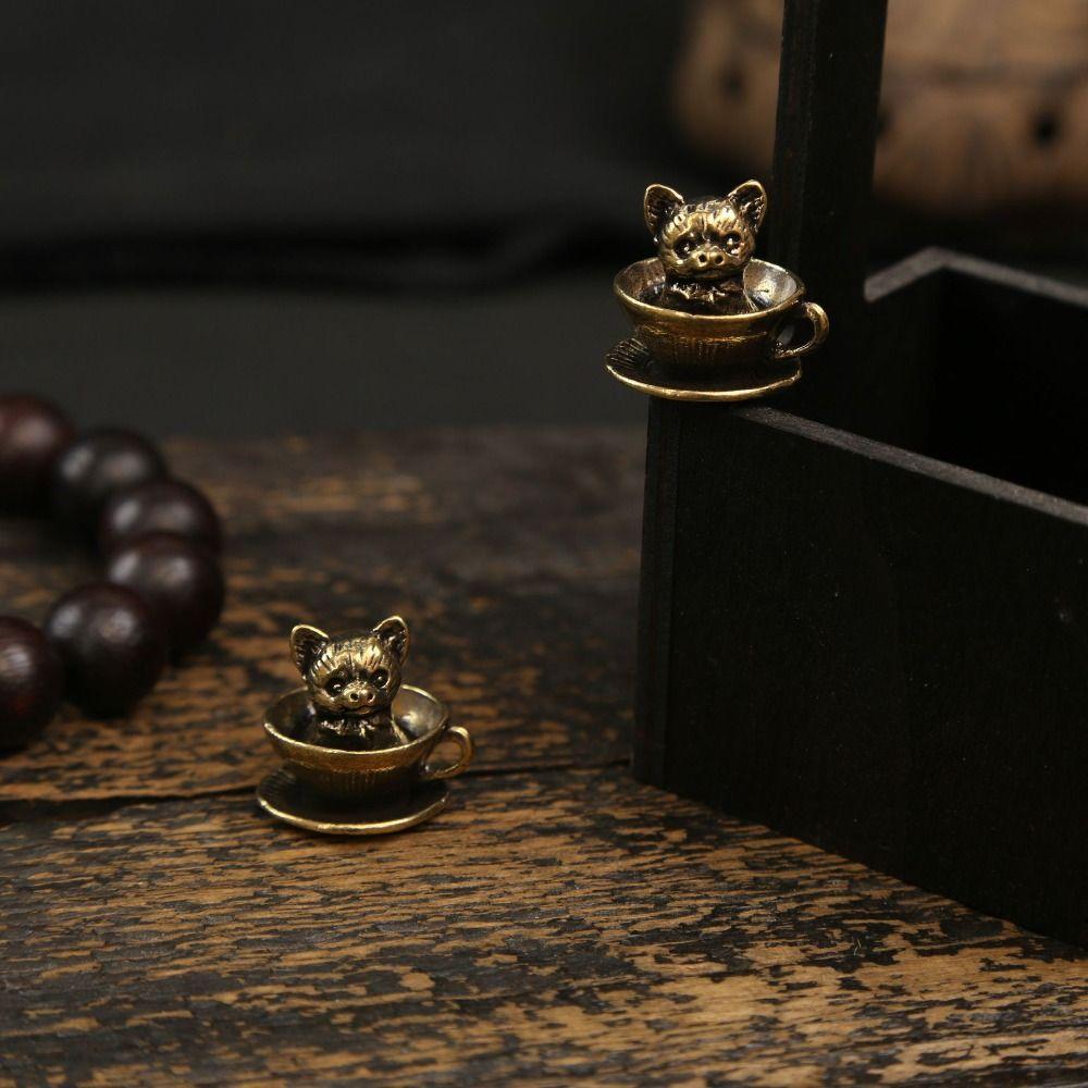 Retro Cat Dog Small Ornaments Copper Mini Cat Dog Sculpture Coffee Cup Pet Statue Car Ornament