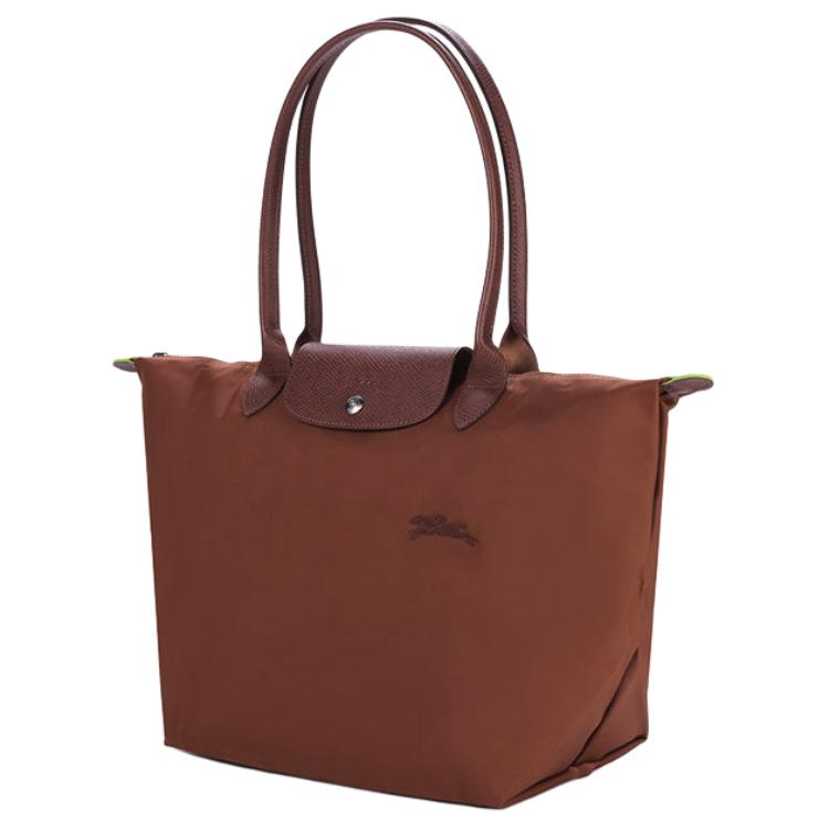 Longchamp Le Pliage Green 31 Длинные ручки Застежка на кнопку-защелку и молнию Холст и кожа Сумка-тоут 'Пельмень' Большая женская сумка-тоут Коричневый 1899919504