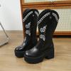 Fashion New Western Embroidered Cuff High Top CowGirl Boots Thick Bottom Waterproof Female Boots Round Toe Mid Heel Pure Color Rubber So