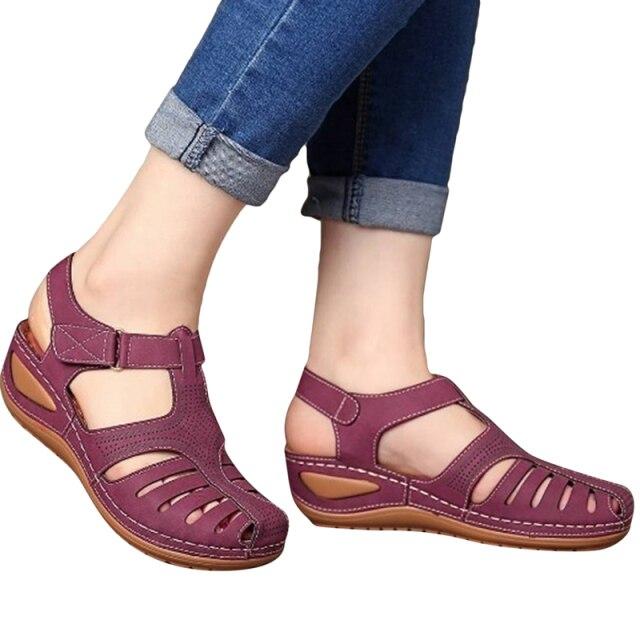 Женские летние винтажные сандалии на танкетке с пряжкой, повседневная женская обувь с шитьем, женские сандалии на платформе в стиле ретро, ​​большие размеры