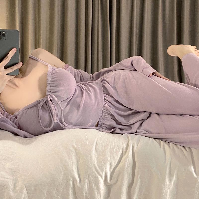 Пижамные комплекты женские элегантные однотонные модные простые весенние милые пижамы для отдыха нежные уютные женские корейские повседневные мягкие