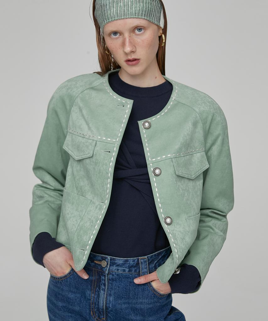 En Or Line Stitch Crop Jacket - Green