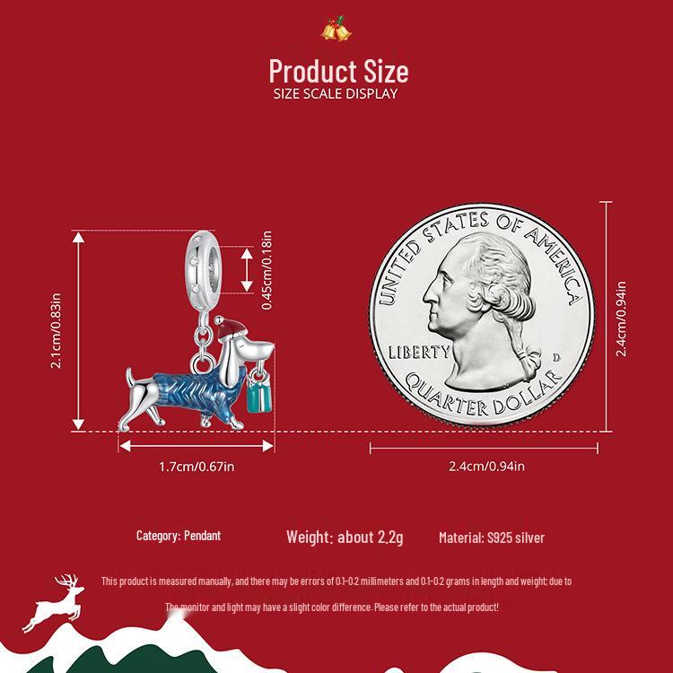 Handmade S925 Sterling Silver Dachshund Christmas Pendant with White Gold Plating - Creative DIY Jewelry Accessory