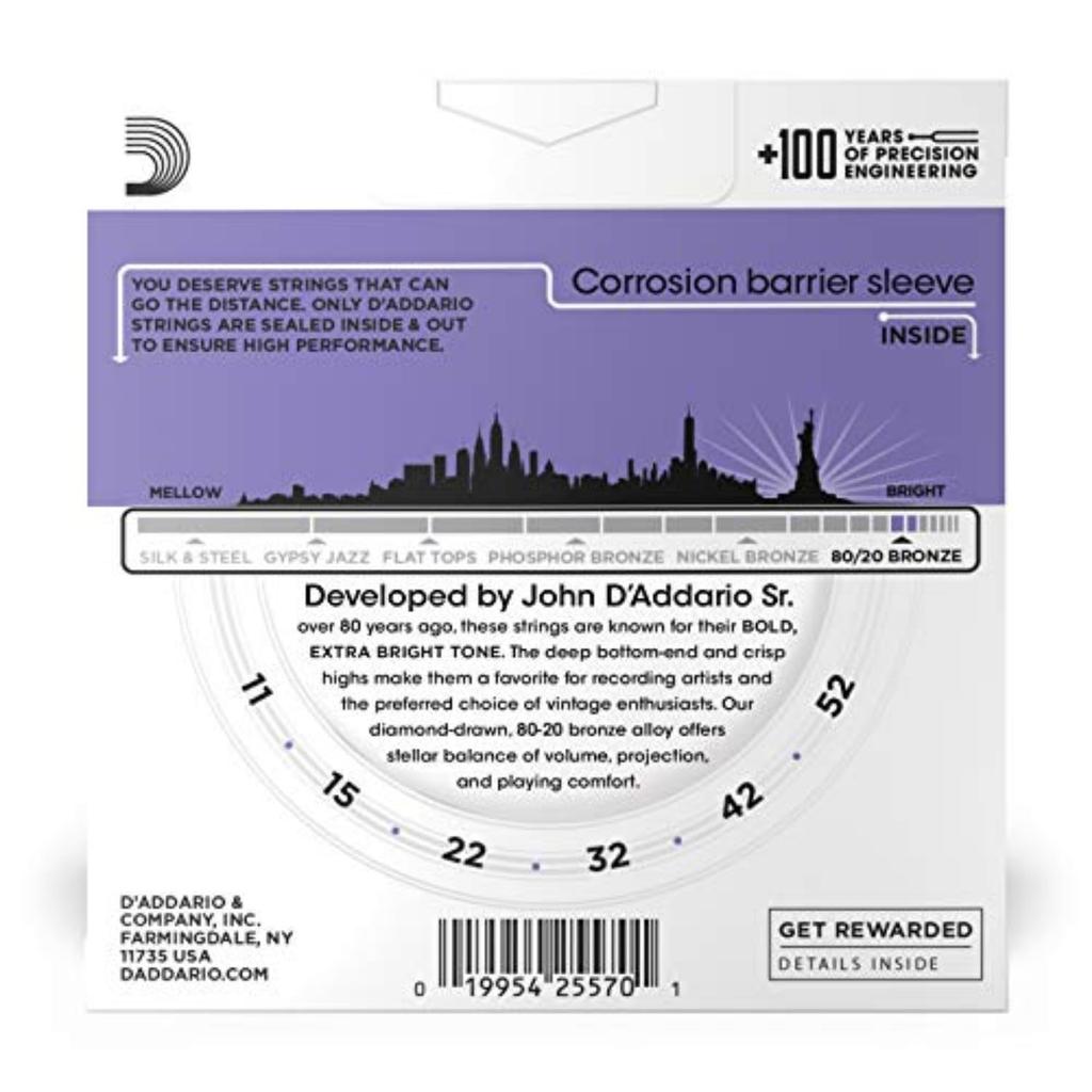 Бронзовые струны для акустической гитары D'Addario Custom, 80/20 Light, .011-.052, EJ13-3D, 3 комплекта