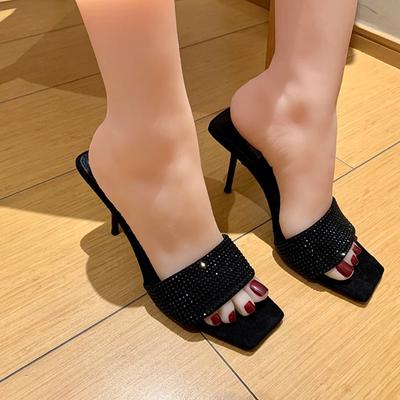 Мода Лето 2025 Новые Женские Черные Босоножки на Ремешке с Водными Бриллиантами, Квадратный Носок, Высокий Каблук, Тонкий Каблук, Стильный Дизайн Yangshulin