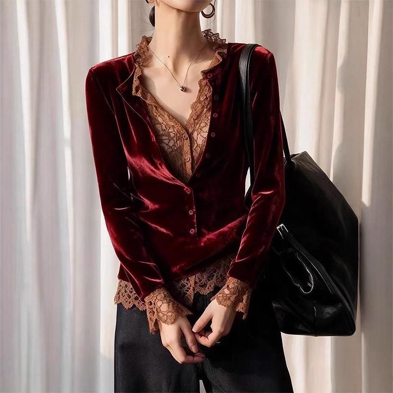 Женский осенний топ из бархата и кружева, пэчворк, цвет бордо, комплект из двух предметов, 2025