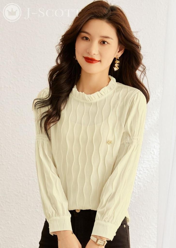 Блузка J-Scott с принтом волны и мини-брошью, текстурированная ткань, воротник с рюшами, длинные рукава, белый (JS68-WH-2XL)