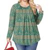 Women's Plus Size Fashion Printed Casual Pleated Round Neck Long Sleeve Top