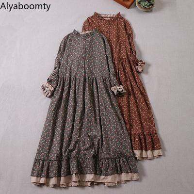 Mori Girl, осенне-весеннее женское свободное длинное платье с рюшами и цветочным воротником, винтажное хлопковое платье с оборками, элегантное шикарное платье