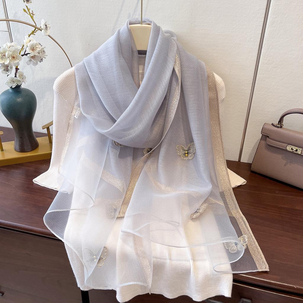 New Butterfly Embroidered Beads Fashionable Scarf for Women's Sun Protection and Windproof Temperament Shawl Thin Imitation Silk Scarf