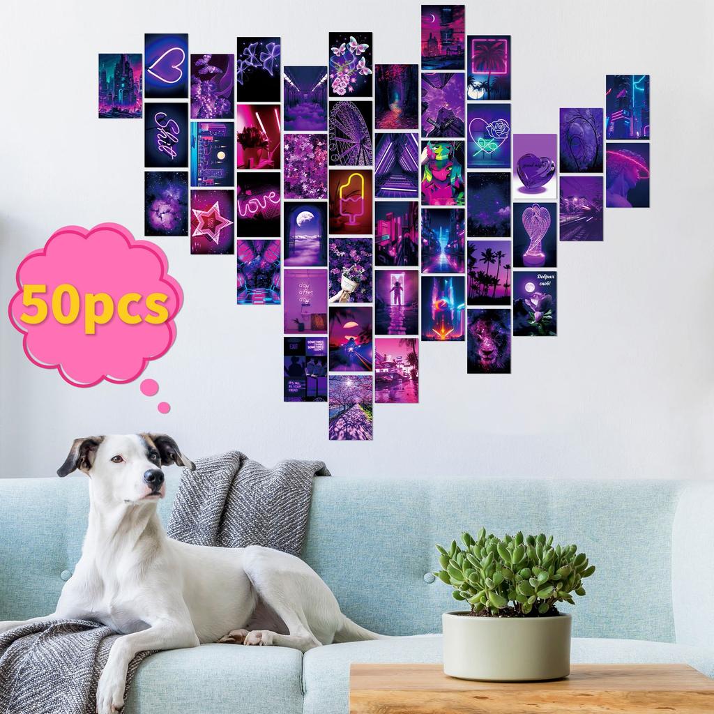 50pcs Purple Neon Images Wall Kit Dorm Decor For Teens Girls Wall Art Posters